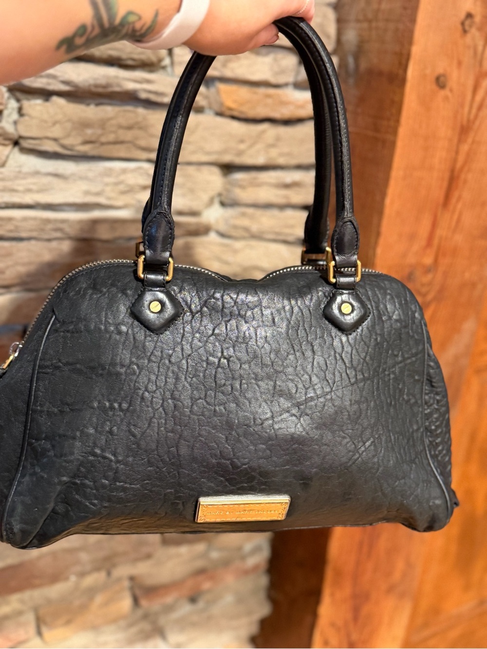 Marc by Marc Jacobs Black Textured Leather Satchel with Gold Hardware